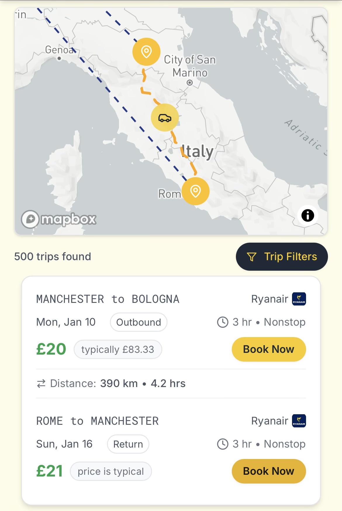 Open jaw flight route example